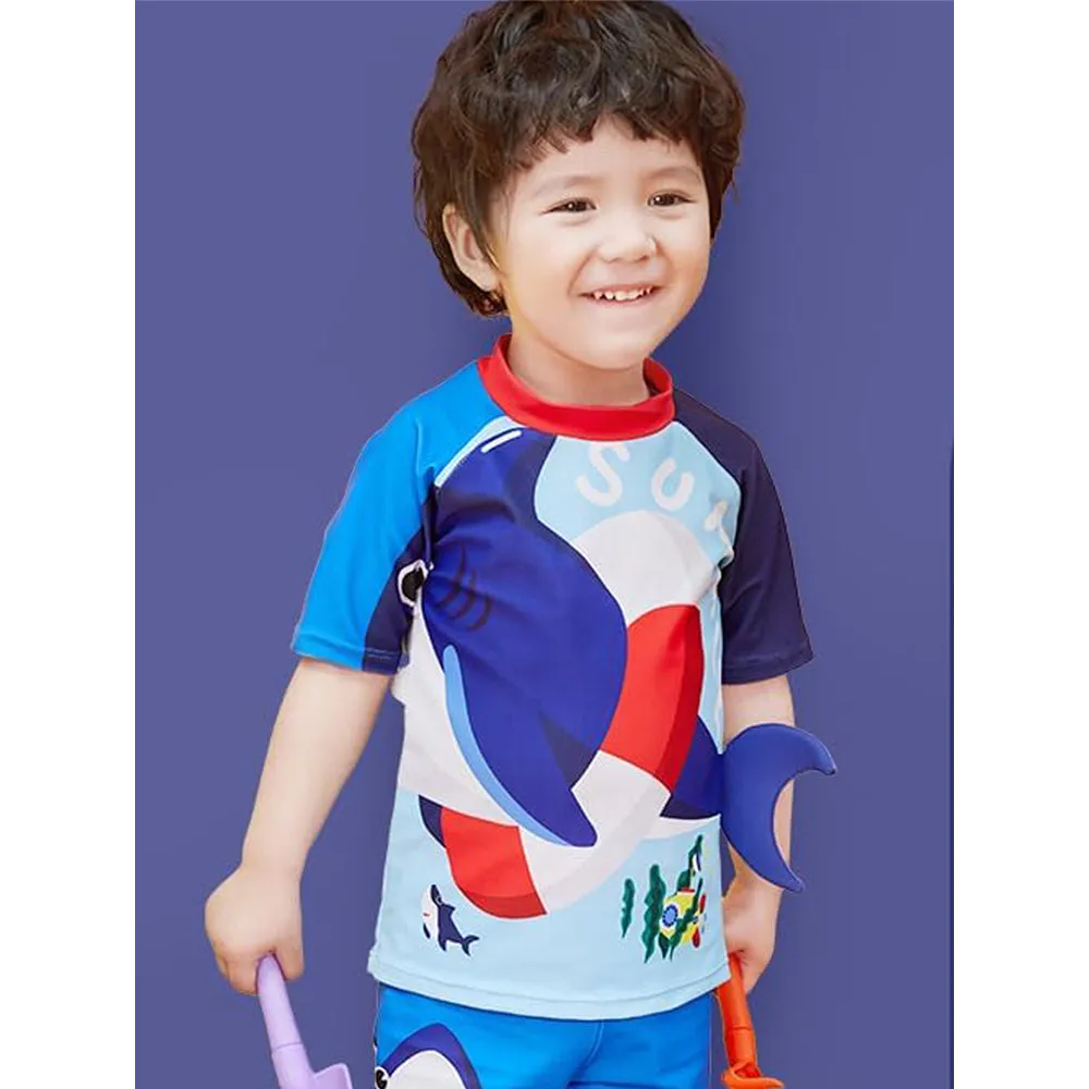 2 pcs Shirt & Shorts Set Red & Blue 3d Whale Kids Swimwear With Matching Swim Cap With UPF 50 