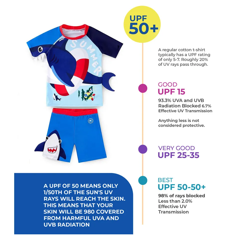 2 pcs Shirt & Shorts Set Red & Blue 3d Whale Kids Swimwear With Matching Swim Cap With UPF 50 