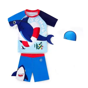 2 pcs Shirt & Shorts Set Red & Blue 3d Whale Kids Swimwear With Matching Swim Cap With UPF 50 