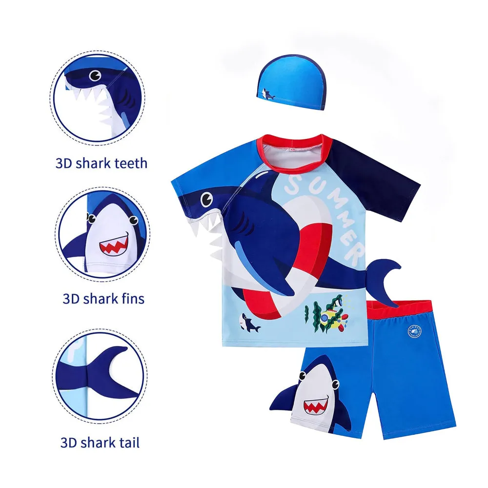 2 pcs Shirt & Shorts Set Red & Blue 3d Whale Kids Swimwear With Matching Swim Cap With UPF 50 
