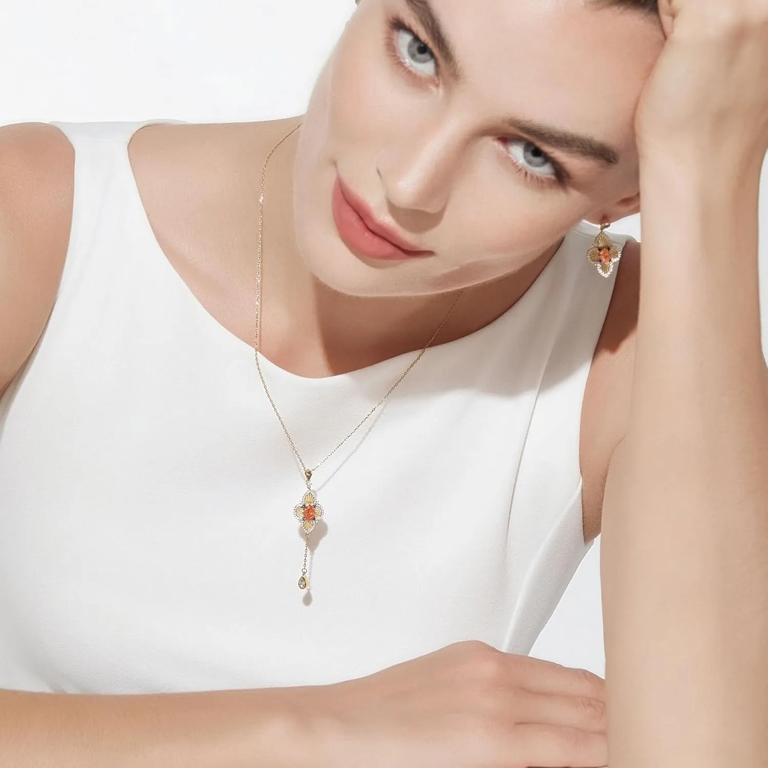 Cicy Bell Four Leaf Clover Pendant Necklace for Women Lucky 18k Gold Plated Cubic Zirconia Trendy Dainty Long Y Necklace Jewelry Gifts