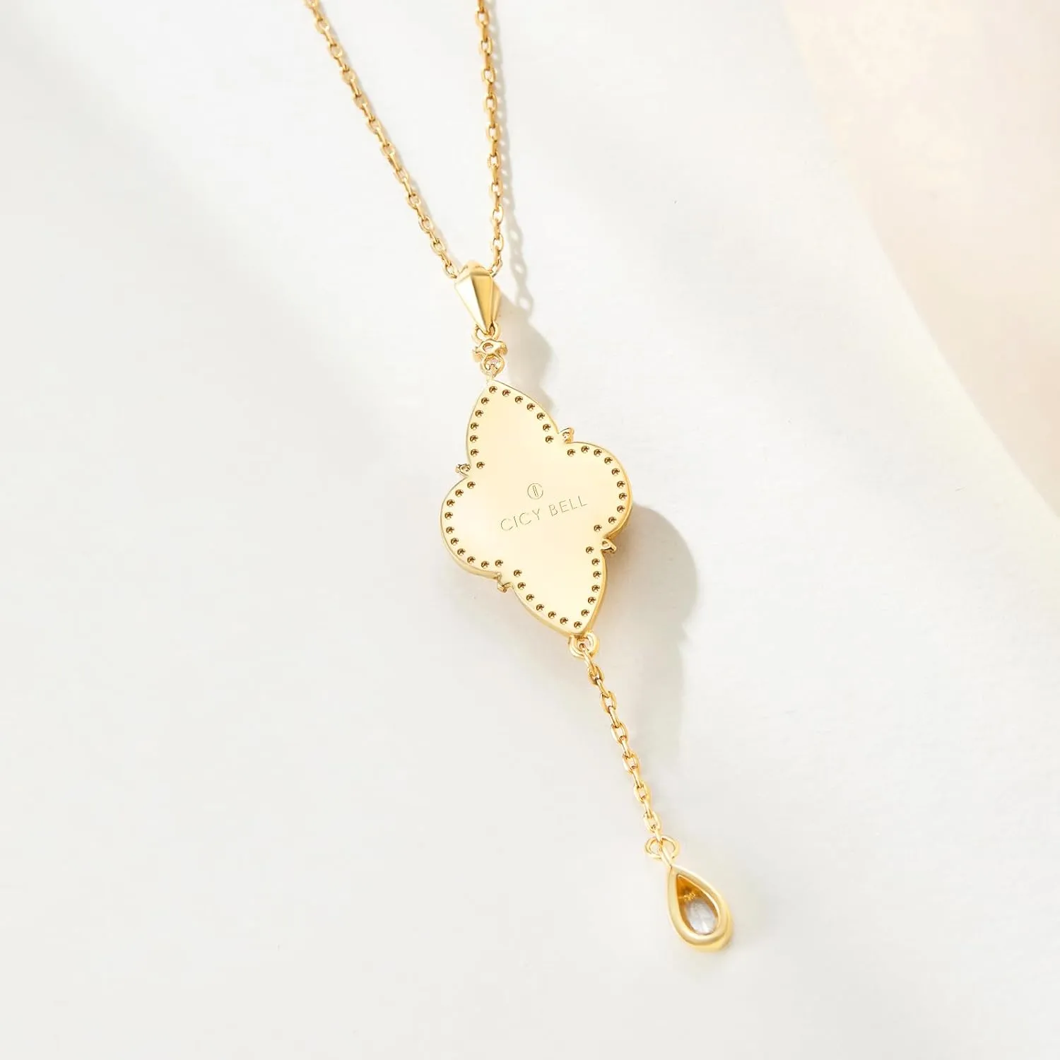 Cicy Bell Four Leaf Clover Pendant Necklace for Women Lucky 18k Gold Plated Cubic Zirconia Trendy Dainty Long Y Necklace Jewelry Gifts