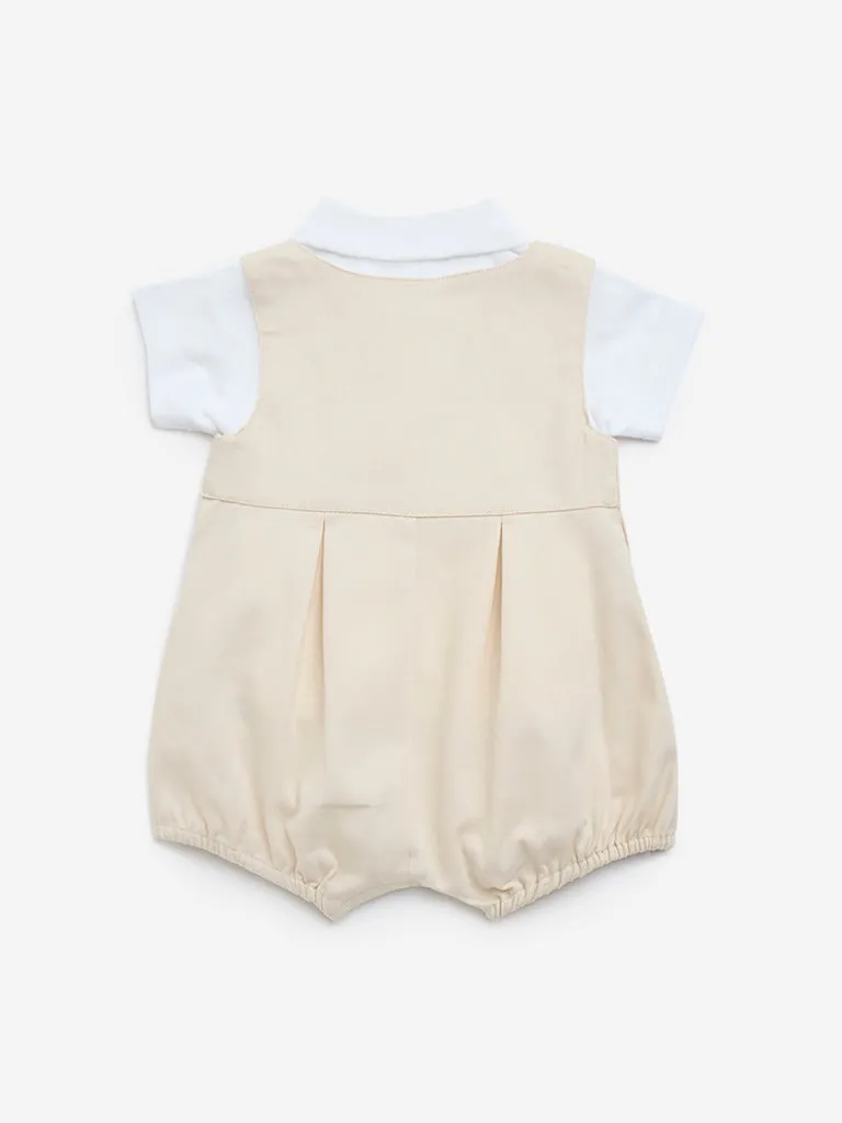 HOP Baby Beige Embroidered Cotton Dungaree with T-Shirt Set