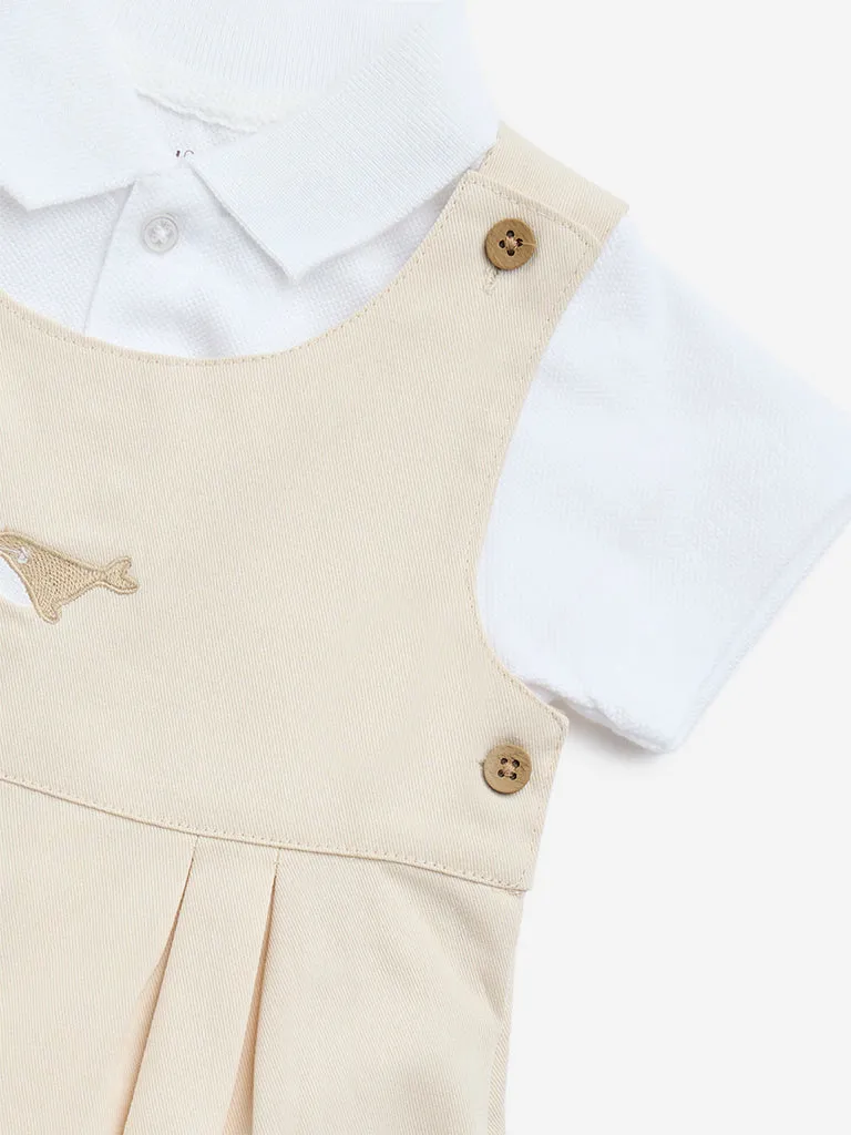 HOP Baby Beige Embroidered Cotton Dungaree with T-Shirt Set