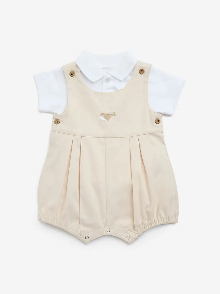 HOP Baby Beige Embroidered Cotton Dungaree with T-Shirt Set