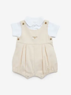 HOP Baby Beige Embroidered Cotton Dungaree with T-Shirt Set