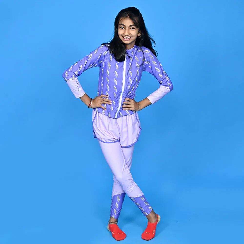 Little Surprise Box,3 pcs Purple ThunderBolt Matching Top,leggings & Jacket style Swimwear set for Pre Teens & Teens
