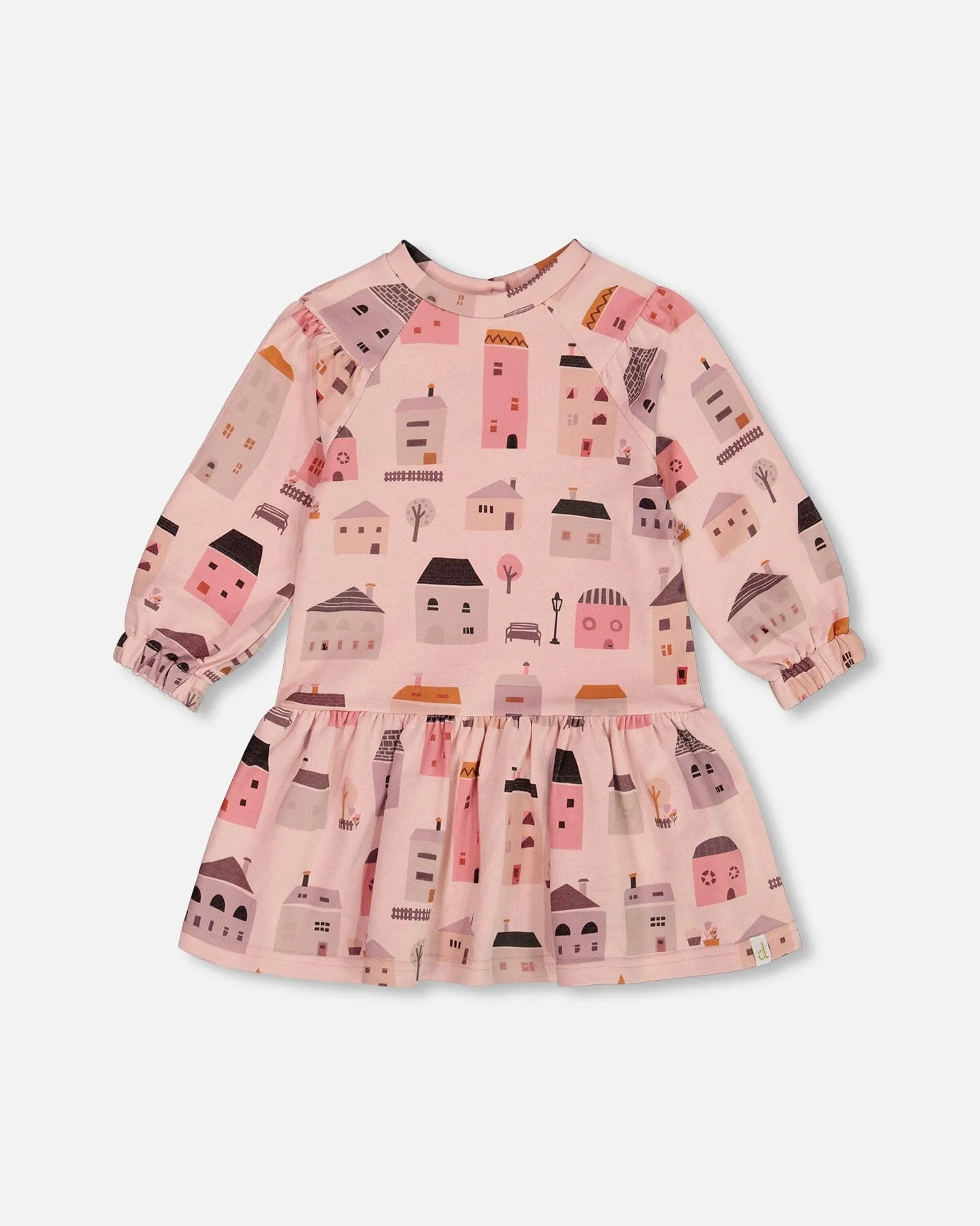 Printed French Terry Dress Pink And Coral Houses