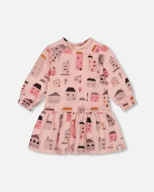 Printed French Terry Dress Pink And Coral Houses
